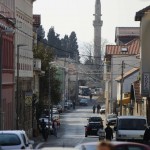 Mostar street with a minaret in the background