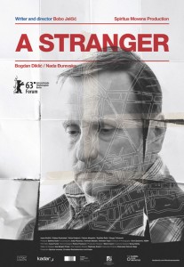 A Stranger — official English film poster featuring Bogdan Diklić with Mostar map overlay